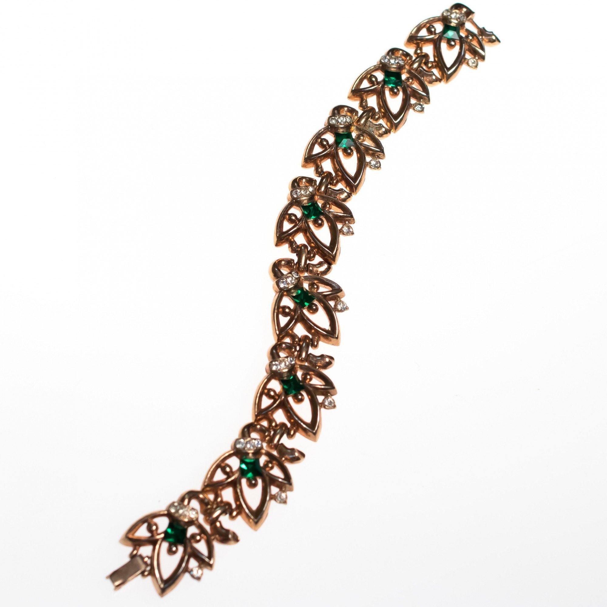 Vintage Gold Leaf Bracelet Emerald Crystals by Unsigned Beauty - Vintage Meet Modern Vintage Jewelry - Chicago, Illinois - #oldhollywoodglamour #vintagemeetmodern #designervintage #jewelrybox #antiquejewelry #vintagejewelry