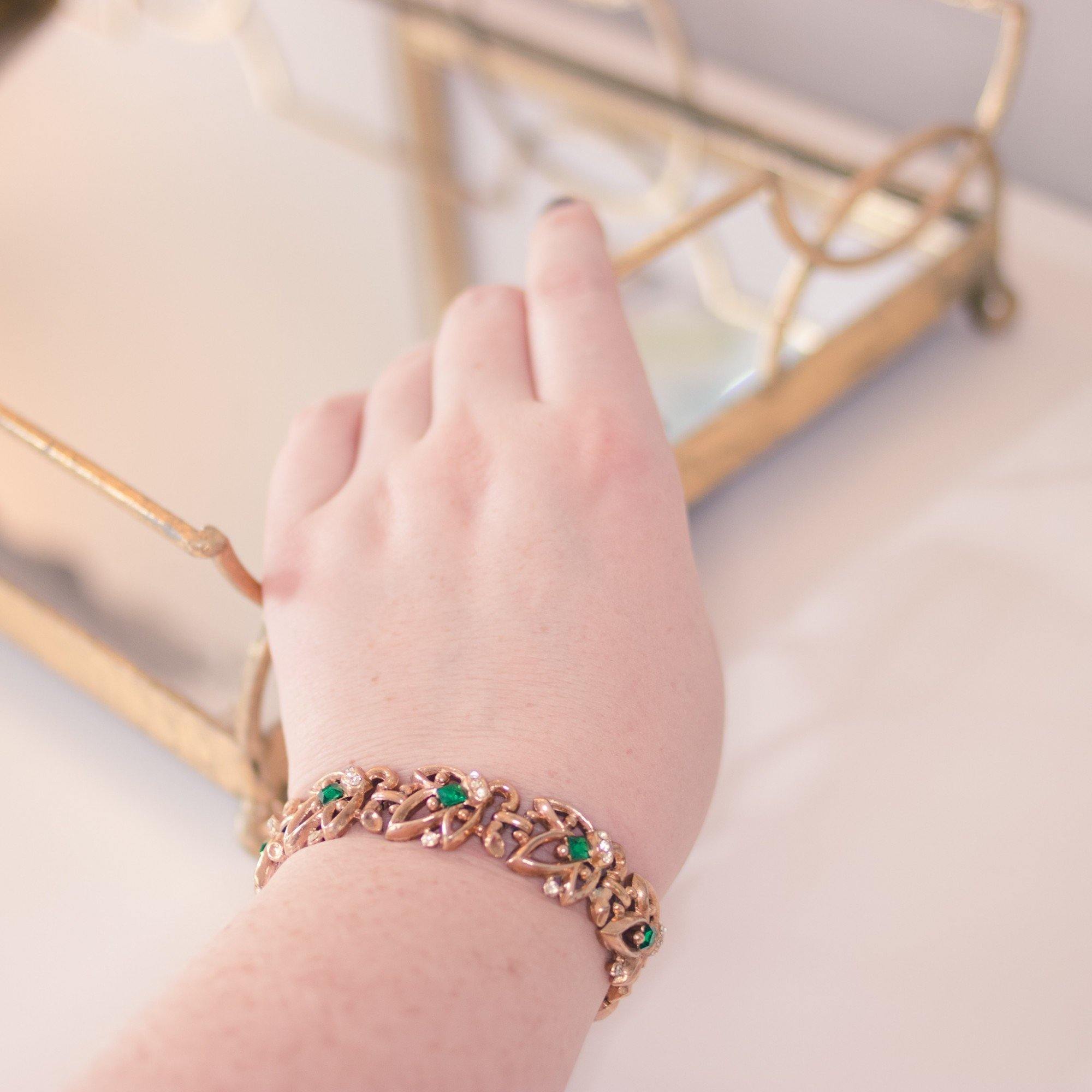 Vintage Gold Leaf Bracelet Emerald Crystals by Unsigned Beauty - Vintage Meet Modern Vintage Jewelry - Chicago, Illinois - #oldhollywoodglamour #vintagemeetmodern #designervintage #jewelrybox #antiquejewelry #vintagejewelry