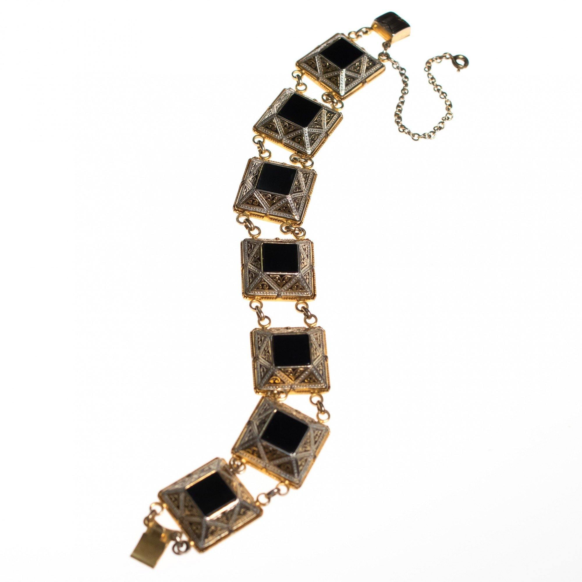 Vintage Black Enamel and Spanish Silver and Gold Damascene Square Link Bracelet by Damascene - Vintage Meet Modern Vintage Jewelry - Chicago, Illinois - #oldhollywoodglamour #vintagemeetmodern #designervintage #jewelrybox #antiquejewelry #vintagejewelry