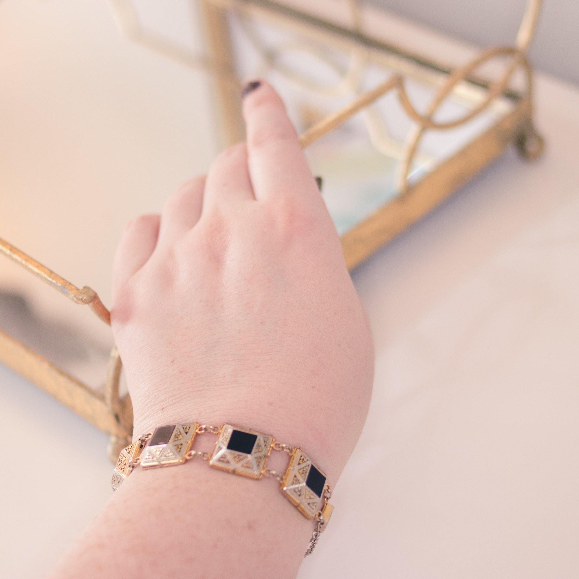 Vintage Black Enamel and Spanish Silver and Gold Damascene Square Link Bracelet by Damascene - Vintage Meet Modern Vintage Jewelry - Chicago, Illinois - #oldhollywoodglamour #vintagemeetmodern #designervintage #jewelrybox #antiquejewelry #vintagejewelry