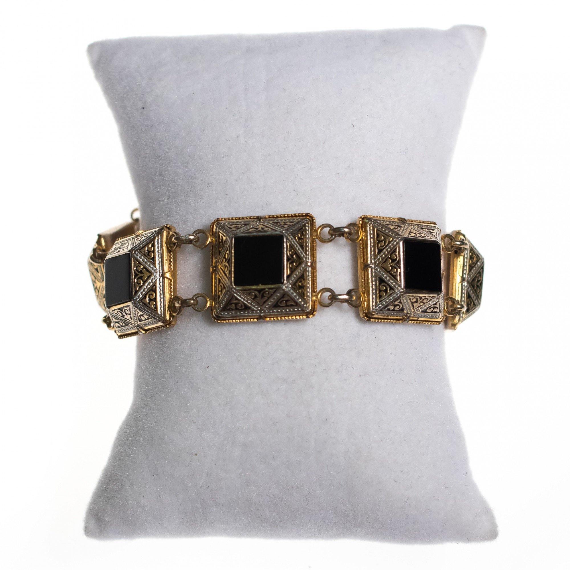 Vintage Black Enamel and Spanish Silver and Gold Damascene Square Link Bracelet by Damascene - Vintage Meet Modern Vintage Jewelry - Chicago, Illinois - #oldhollywoodglamour #vintagemeetmodern #designervintage #jewelrybox #antiquejewelry #vintagejewelry