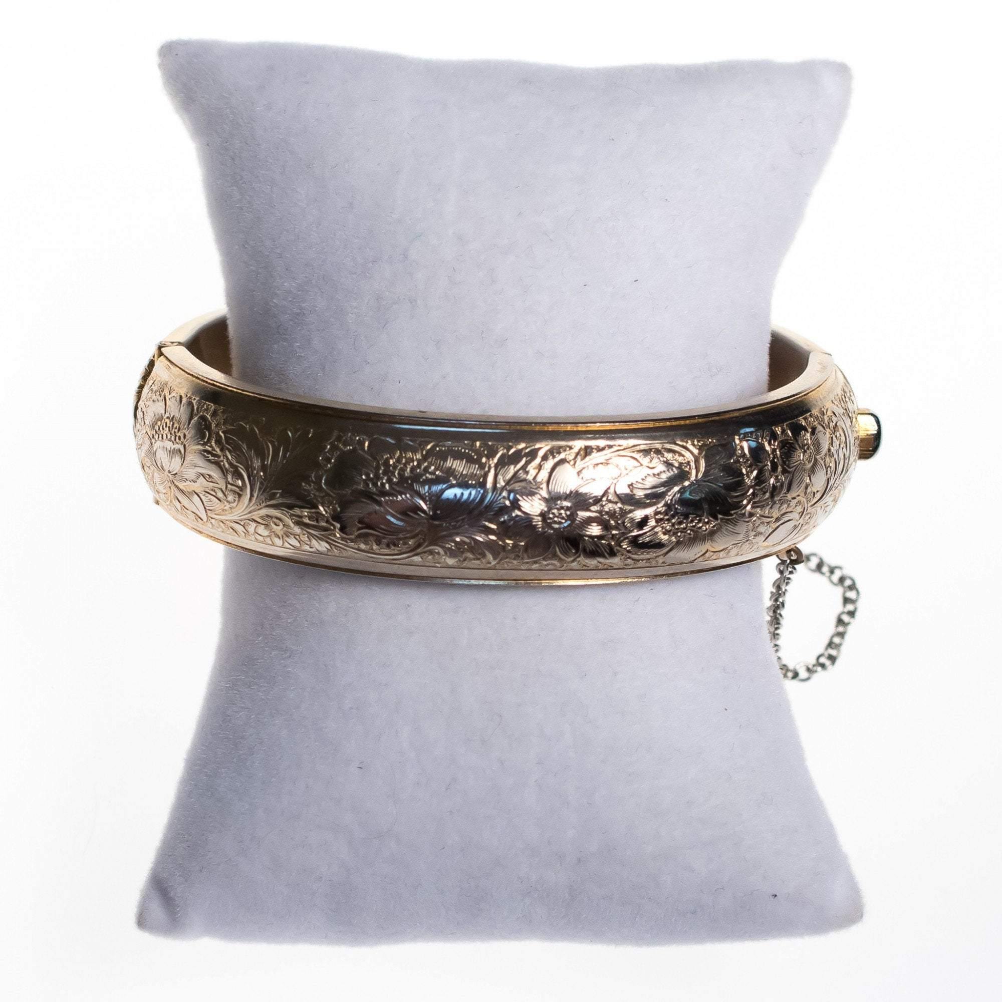 Vintage 1950s Gold Floral Embossed Bangle Bracelet by 1950s - Vintage Meet Modern Vintage Jewelry - Chicago, Illinois - #oldhollywoodglamour #vintagemeetmodern #designervintage #jewelrybox #antiquejewelry #vintagejewelry