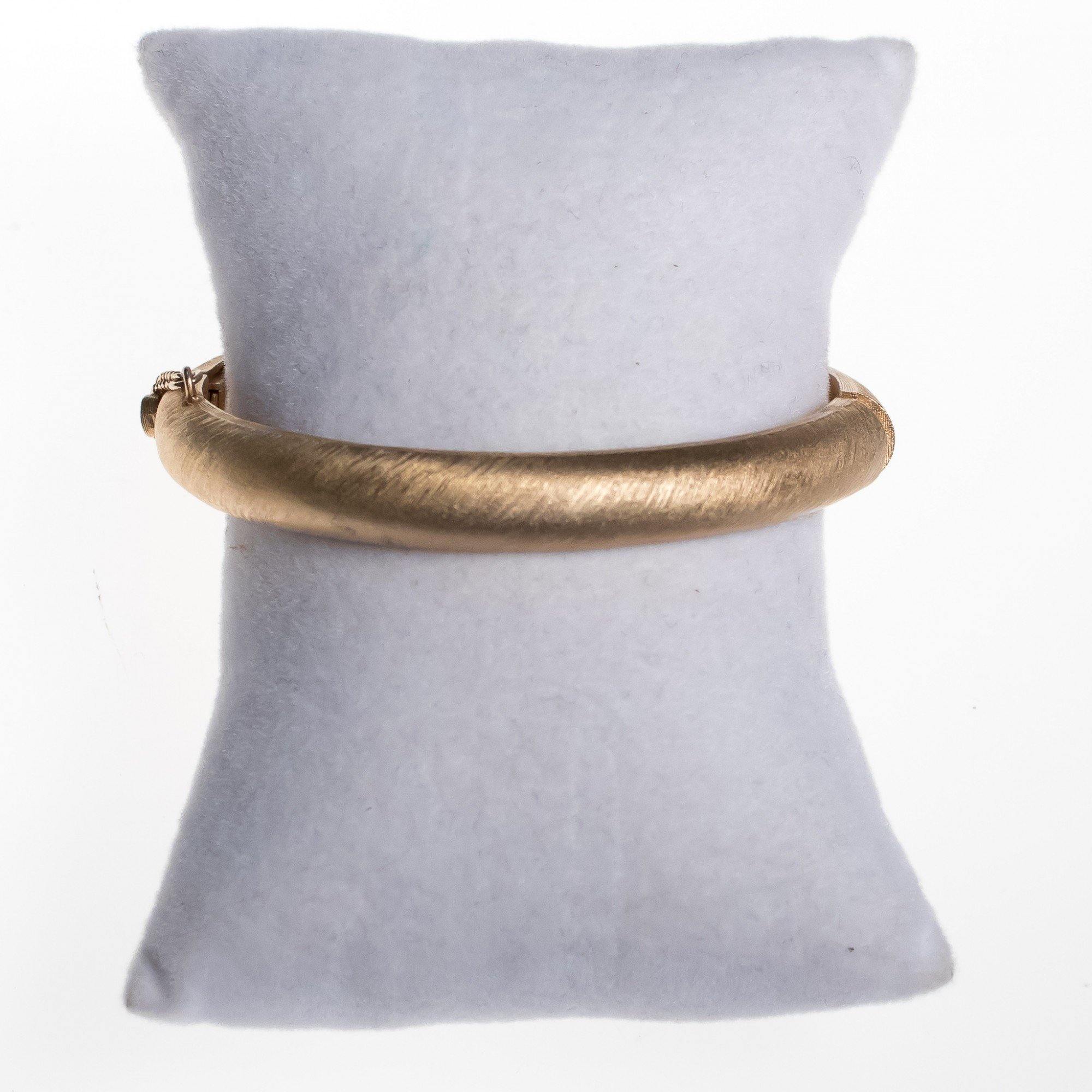 Vintage Crown Trifari Matte Gold Hinged Bangle Bracelet by Crown Trifari - Vintage Meet Modern Vintage Jewelry - Chicago, Illinois - #oldhollywoodglamour #vintagemeetmodern #designervintage #jewelrybox #antiquejewelry #vintagejewelry