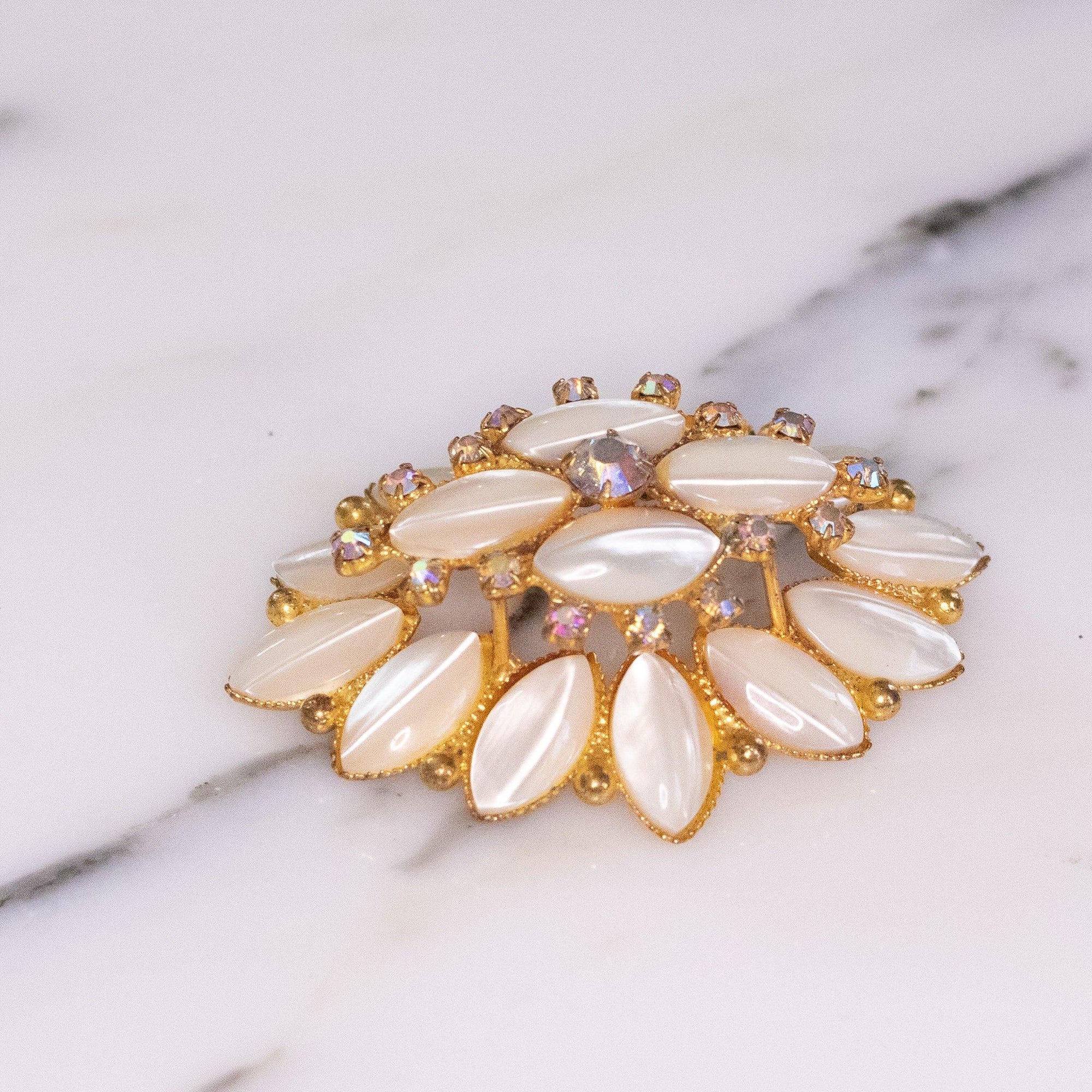 Vintage Pearl Rhinestones and Aurora Borealis Crystal Tiered Brooch by 1950s - Vintage Meet Modern Vintage Jewelry - Chicago, Illinois - #oldhollywoodglamour #vintagemeetmodern #designervintage #jewelrybox #antiquejewelry #vintagejewelry