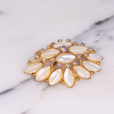 Vintage Pearl Rhinestones and Aurora Borealis Crystal Tiered Brooch by 1950s - Vintage Meet Modern Vintage Jewelry - Chicago, Illinois - #oldhollywoodglamour #vintagemeetmodern #designervintage #jewelrybox #antiquejewelry #vintagejewelry