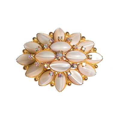 Vintage Pearl Rhinestones and Aurora Borealis Crystal Tiered Brooch by 1950s - Vintage Meet Modern Vintage Jewelry - Chicago, Illinois - #oldhollywoodglamour #vintagemeetmodern #designervintage #jewelrybox #antiquejewelry #vintagejewelry