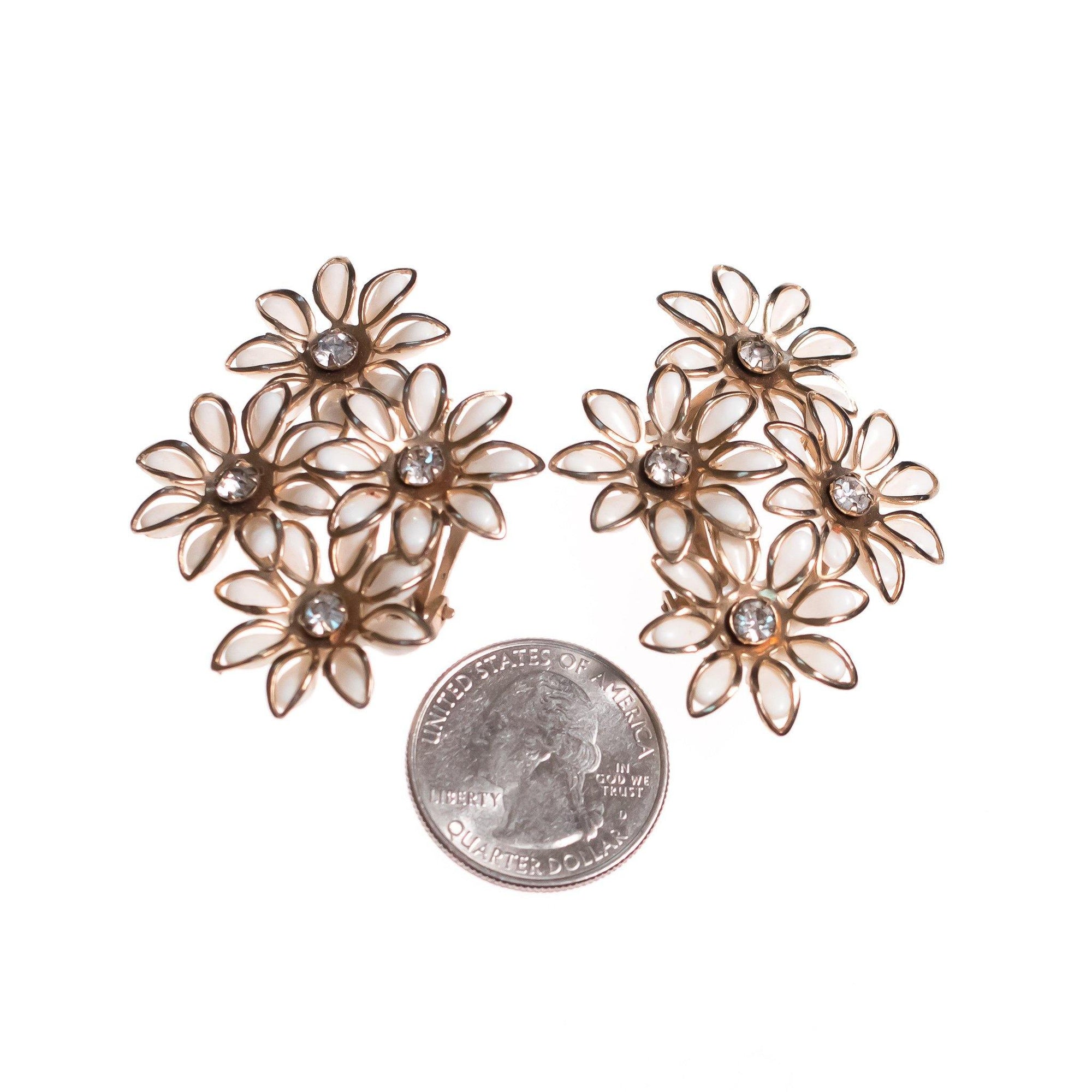 Vintage White Flower Earrings with Diamante Crystals by 1950s - Vintage Meet Modern Vintage Jewelry - Chicago, Illinois - #oldhollywoodglamour #vintagemeetmodern #designervintage #jewelrybox #antiquejewelry #vintagejewelry