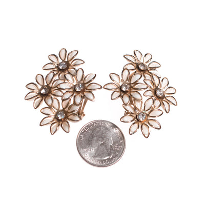 Vintage White Flower Earrings with Diamante Crystals by 1950s - Vintage Meet Modern Vintage Jewelry - Chicago, Illinois - #oldhollywoodglamour #vintagemeetmodern #designervintage #jewelrybox #antiquejewelry #vintagejewelry