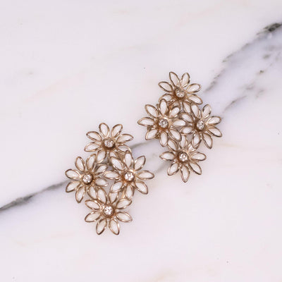 Vintage White Flower Earrings with Diamante Crystals by 1950s - Vintage Meet Modern Vintage Jewelry - Chicago, Illinois - #oldhollywoodglamour #vintagemeetmodern #designervintage #jewelrybox #antiquejewelry #vintagejewelry