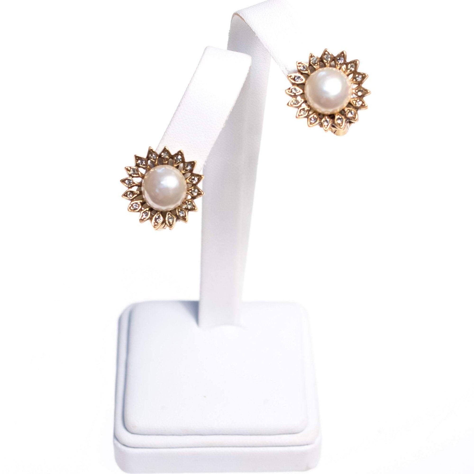 Vintage Sunflower Pearl and Diamante Crystal Earrings by Unsigned - Vintage Meet Modern Vintage Jewelry - Chicago, Illinois - #oldhollywoodglamour #vintagemeetmodern #designervintage #jewelrybox #antiquejewelry #vintagejewelry