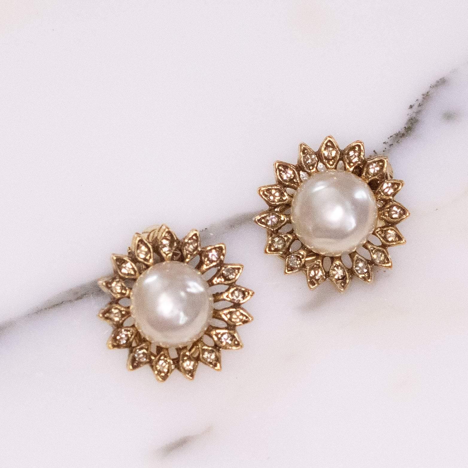 Vintage Sunflower Pearl and Diamante Crystal Earrings by Unsigned - Vintage Meet Modern Vintage Jewelry - Chicago, Illinois - #oldhollywoodglamour #vintagemeetmodern #designervintage #jewelrybox #antiquejewelry #vintagejewelry