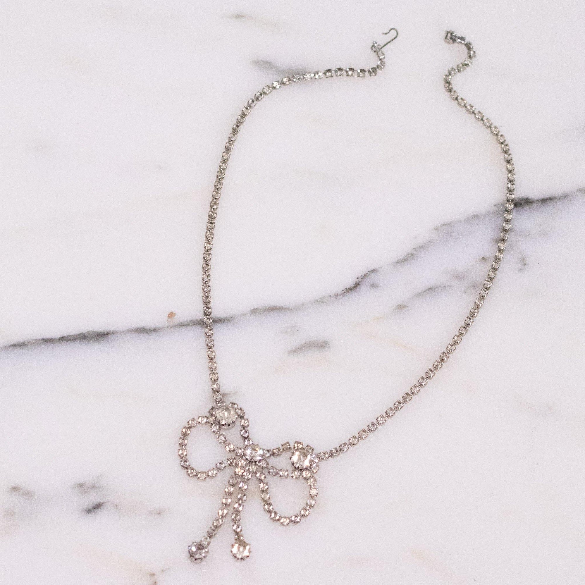 Vintage Diamante Crystal Bow Necklace by 1950s - Vintage Meet Modern Vintage Jewelry - Chicago, Illinois - #oldhollywoodglamour #vintagemeetmodern #designervintage #jewelrybox #antiquejewelry #vintagejewelry