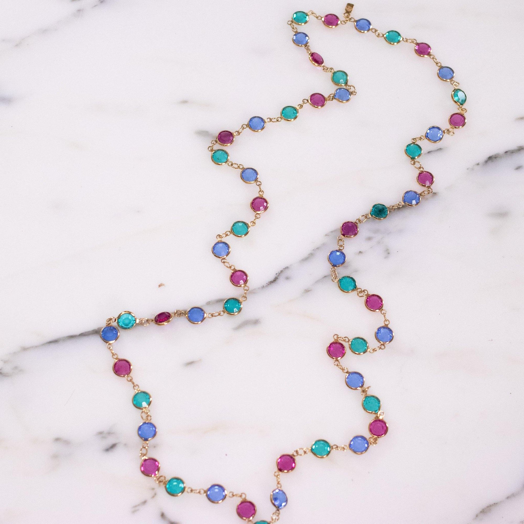 Vintage Swarovski Bezel Set Crystal Jewel Tone Necklace in Blue Green Pink Crystals by Swarovski - Vintage Meet Modern Vintage Jewelry - Chicago, Illinois - #oldhollywoodglamour #vintagemeetmodern #designervintage #jewelrybox #antiquejewelry #vintagejewelry