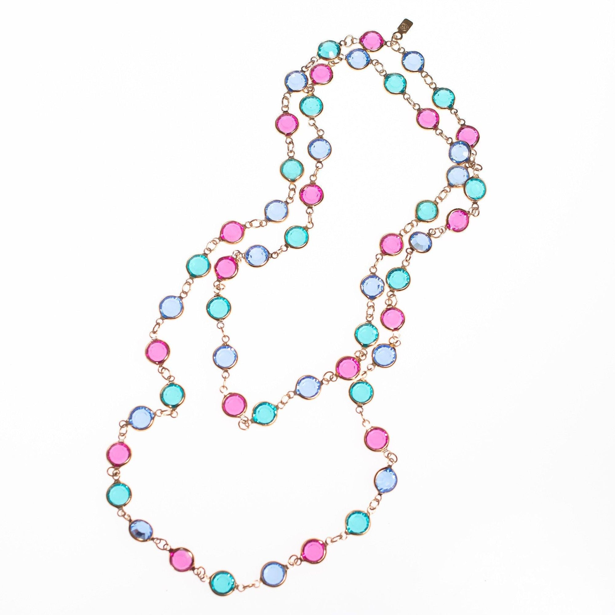 Vintage Swarovski Bezel Set Crystal Jewel Tone Necklace in Blue Green Pink Crystals by Swarovski - Vintage Meet Modern Vintage Jewelry - Chicago, Illinois - #oldhollywoodglamour #vintagemeetmodern #designervintage #jewelrybox #antiquejewelry #vintagejewelry