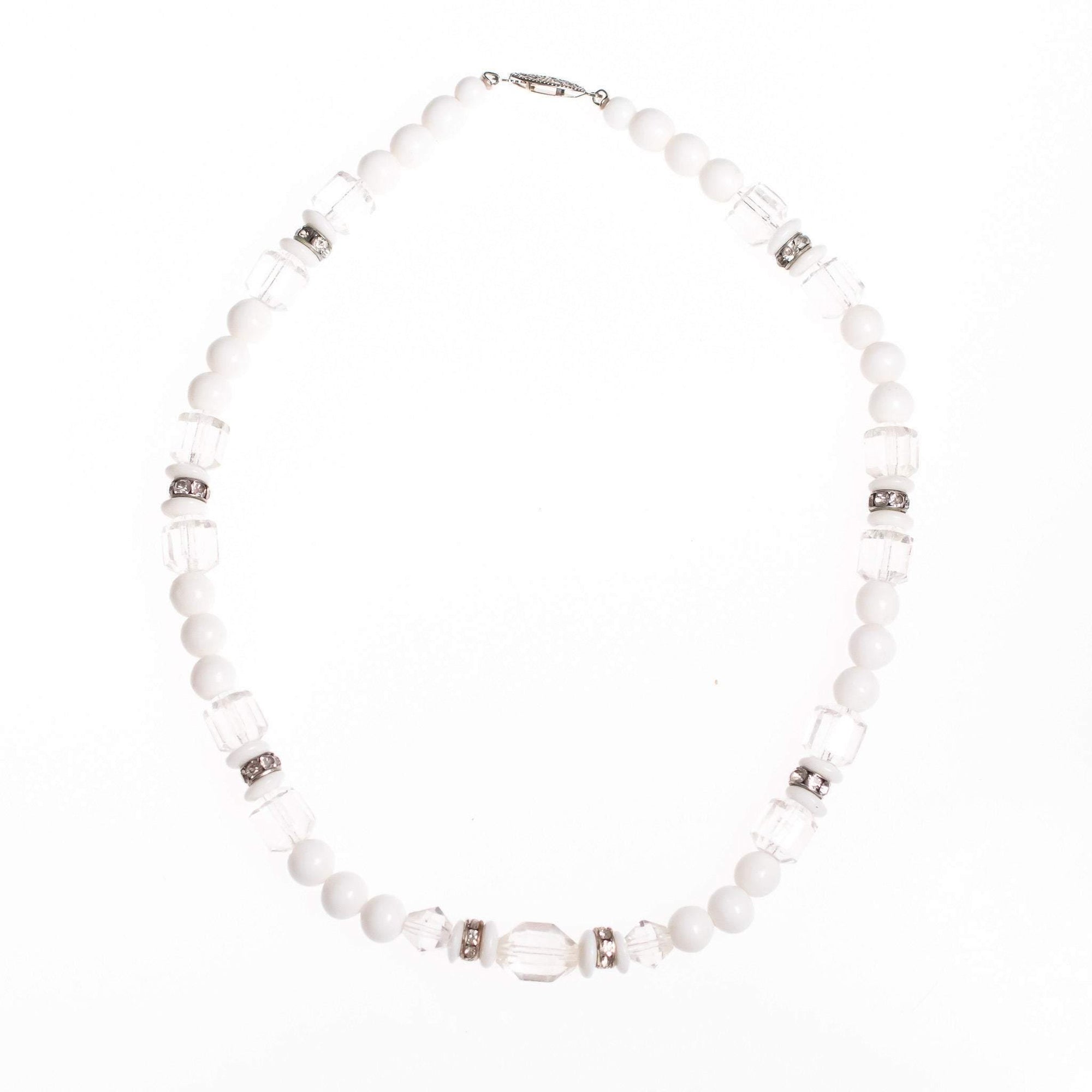 Vintage Art Deco Milk Glass and Crystal  Beaded Necklace by Art Deco - Vintage Meet Modern Vintage Jewelry - Chicago, Illinois - #oldhollywoodglamour #vintagemeetmodern #designervintage #jewelrybox #antiquejewelry #vintagejewelry