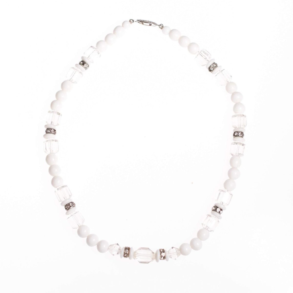 Vintage Art Deco Milk Glass and Crystal  Beaded Necklace