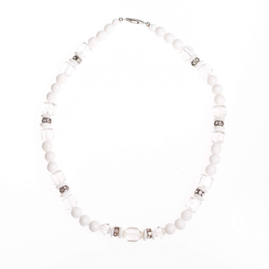 Vintage Art Deco Milk Glass and Crystal  Beaded Necklace by Art Deco - Vintage Meet Modern Vintage Jewelry - Chicago, Illinois - #oldhollywoodglamour #vintagemeetmodern #designervintage #jewelrybox #antiquejewelry #vintagejewelry