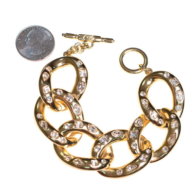 Vintage Kenneth Jay Lane Chunky Gold Link Bracelet with Crystals by Kenneth Jay Lane - Vintage Meet Modern Vintage Jewelry - Chicago, Illinois - #oldhollywoodglamour #vintagemeetmodern #designervintage #jewelrybox #antiquejewelry #vintagejewelry