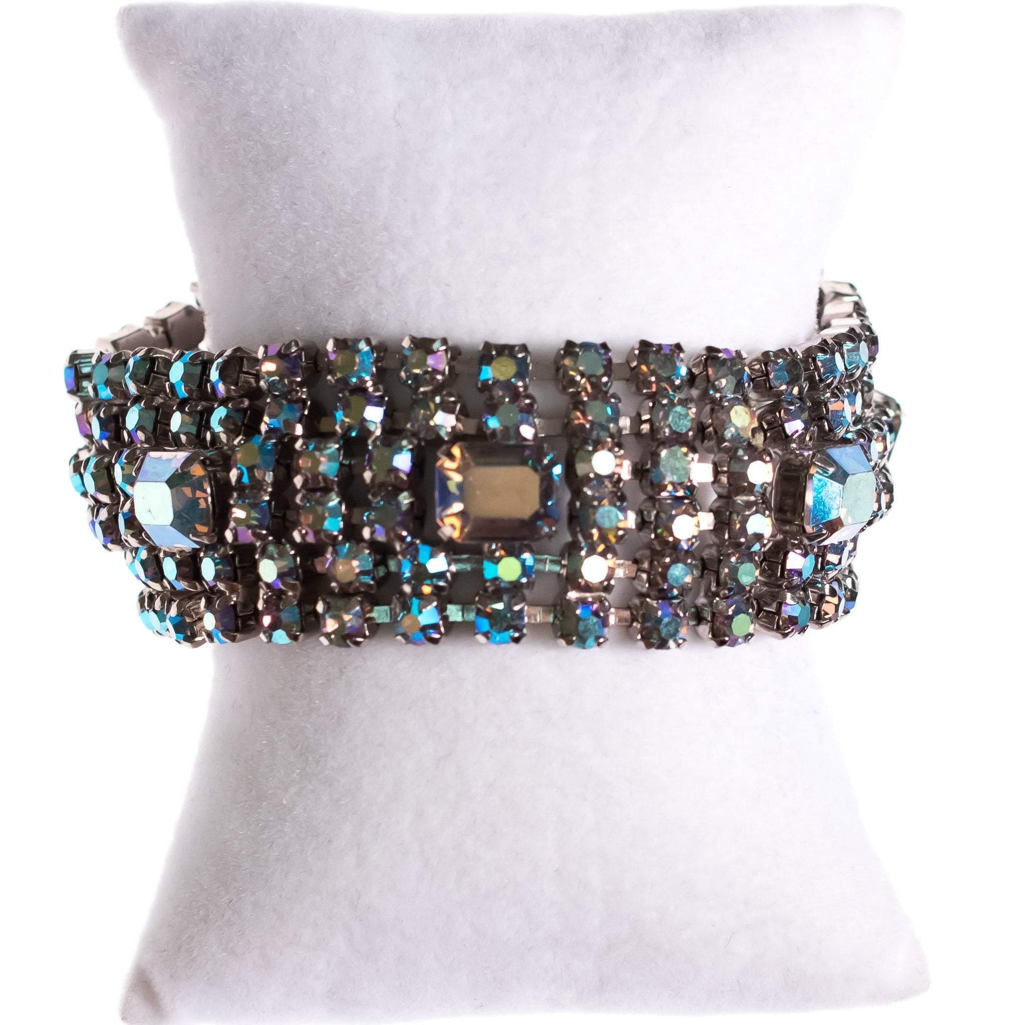 Vintage Blue Gray Aurora Borealis Rhinestone Bracelet by 1950s - Vintage Meet Modern Vintage Jewelry - Chicago, Illinois - #oldhollywoodglamour #vintagemeetmodern #designervintage #jewelrybox #antiquejewelry #vintagejewelry