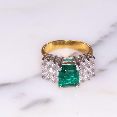 Vintage Emerald Green CZ Emerald Cut and Diamante Wide Band Cocktail Statement Ring by 1980s - Vintage Meet Modern Vintage Jewelry - Chicago, Illinois - #oldhollywoodglamour #vintagemeetmodern #designervintage #jewelrybox #antiquejewelry #vintagejewelry