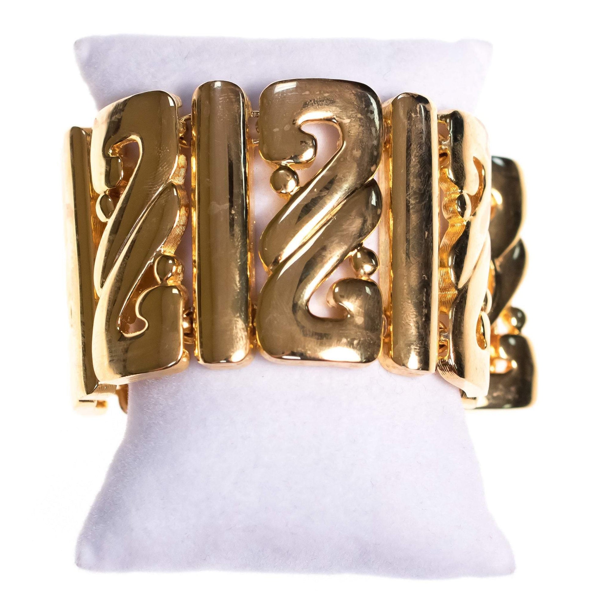 Vintage Kenneth Jay Lane Wide Panel Gold Scroll Bracelet by Kenneth Jay Lane - Vintage Meet Modern Vintage Jewelry - Chicago, Illinois - #oldhollywoodglamour #vintagemeetmodern #designervintage #jewelrybox #antiquejewelry #vintagejewelry