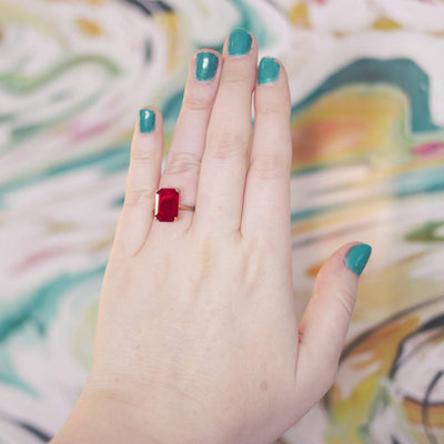 Vintage Red Emerald Cut Crystal Cocktail Statement Ring by 1950s - Vintage Meet Modern Vintage Jewelry - Chicago, Illinois - #oldhollywoodglamour #vintagemeetmodern #designervintage #jewelrybox #antiquejewelry #vintagejewelry