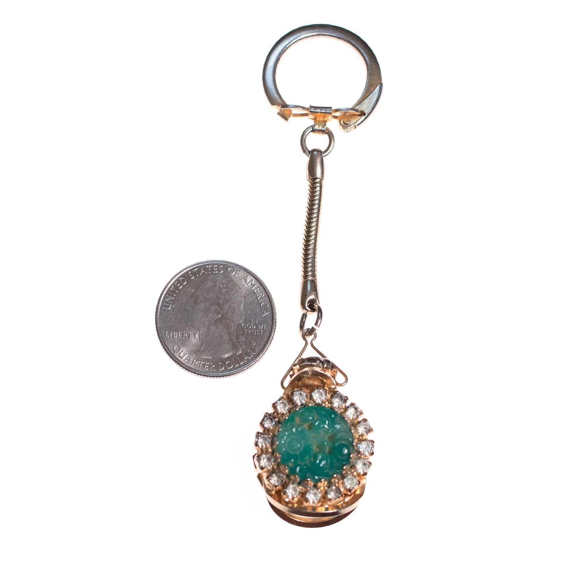 Vintage Mid Century Modern Pressed Faux Jade and Diamante Crystal Key Chain by 1950s - Vintage Meet Modern Vintage Jewelry - Chicago, Illinois - #oldhollywoodglamour #vintagemeetmodern #designervintage #jewelrybox #antiquejewelry #vintagejewelry