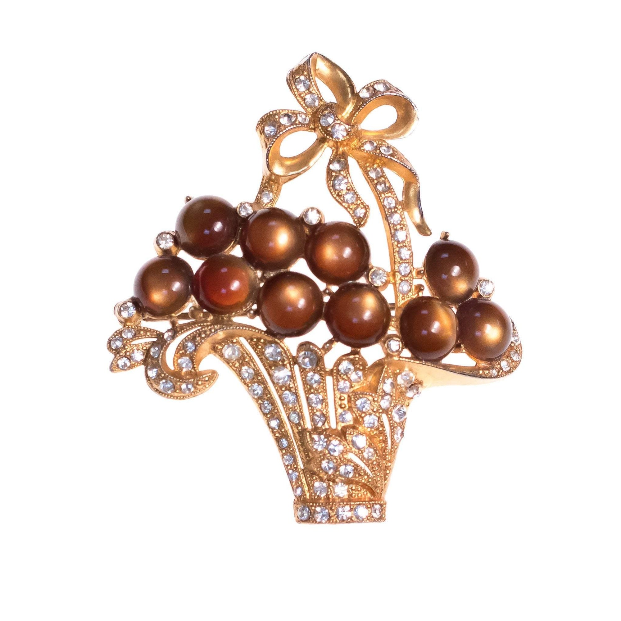 Vintage 1940s Gold Pot Metal Basket Brooch with Brown Cats Eye Moonglow Cabochons and Rhinestones by 1940s - Vintage Meet Modern Vintage Jewelry - Chicago, Illinois - #oldhollywoodglamour #vintagemeetmodern #designervintage #jewelrybox #antiquejewelry #vintagejewelry