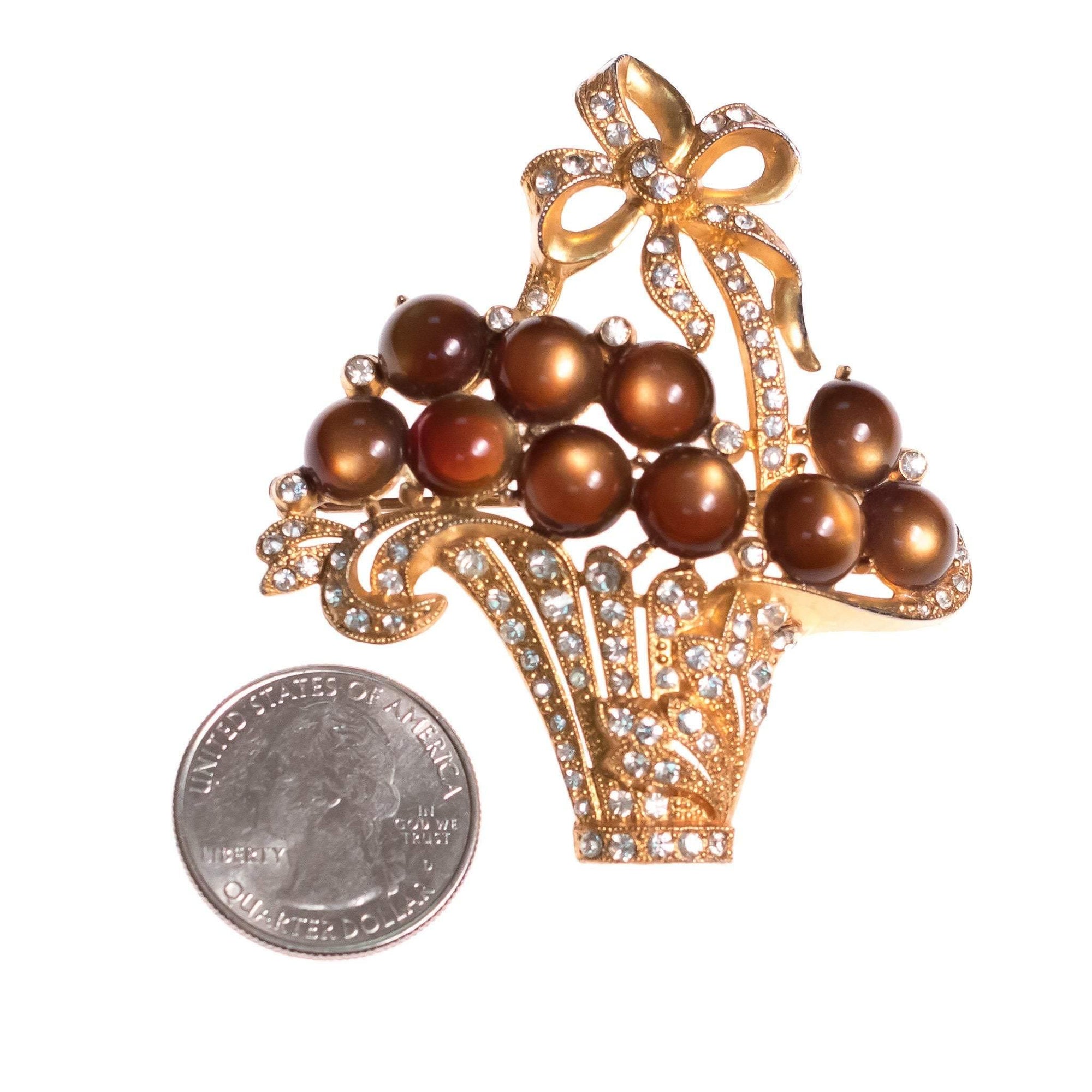 Vintage 1940s Gold Pot Metal Basket Brooch with Brown Cats Eye Moonglow Cabochons and Rhinestones by 1940s - Vintage Meet Modern Vintage Jewelry - Chicago, Illinois - #oldhollywoodglamour #vintagemeetmodern #designervintage #jewelrybox #antiquejewelry #vintagejewelry