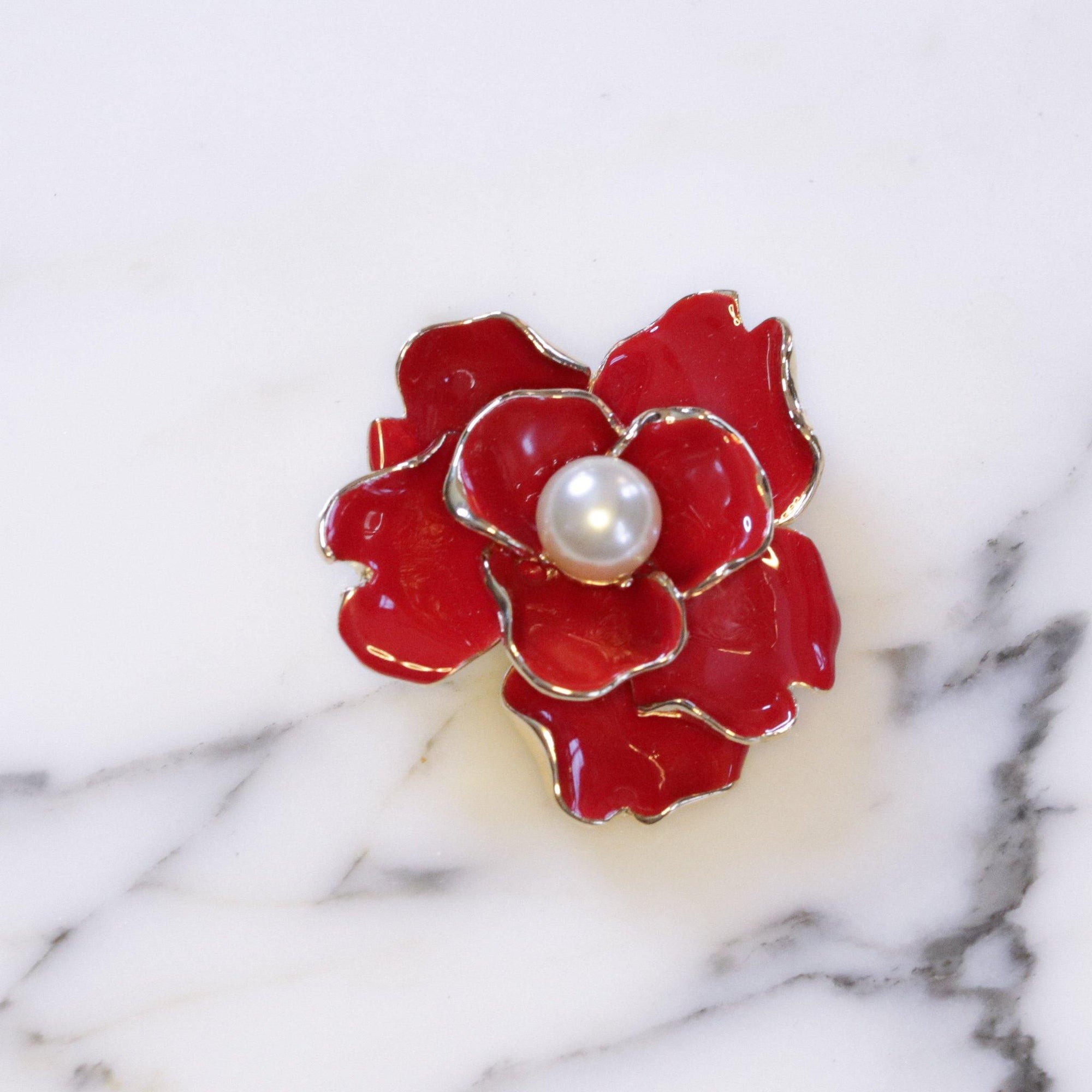 Vintage Kenneth Jay Lane Red Gardenia Brooch with Faux Pearl Center by Kenneth Jay Lane - Vintage Meet Modern Vintage Jewelry - Chicago, Illinois - #oldhollywoodglamour #vintagemeetmodern #designervintage #jewelrybox #antiquejewelry #vintagejewelry