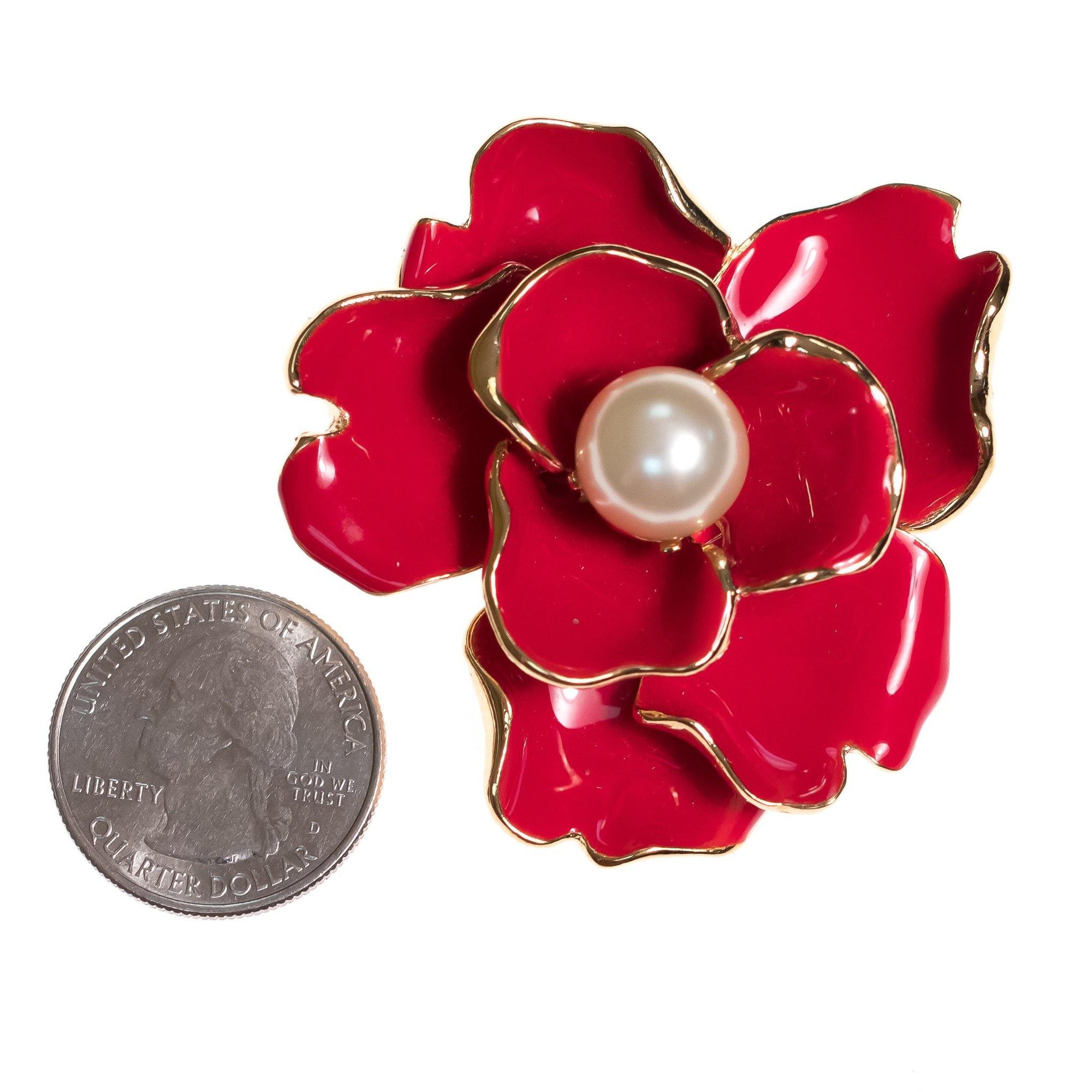 Vintage Kenneth Jay Lane Red Gardenia Brooch with Faux Pearl Center by Kenneth Jay Lane - Vintage Meet Modern Vintage Jewelry - Chicago, Illinois - #oldhollywoodglamour #vintagemeetmodern #designervintage #jewelrybox #antiquejewelry #vintagejewelry