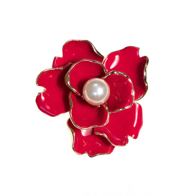 Vintage Kenneth Jay Lane Red Gardenia Brooch with Faux Pearl Center by Kenneth Jay Lane - Vintage Meet Modern Vintage Jewelry - Chicago, Illinois - #oldhollywoodglamour #vintagemeetmodern #designervintage #jewelrybox #antiquejewelry #vintagejewelry