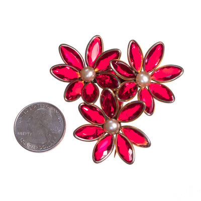Vintage 1940s Red Flower Dress/Fur Clip Brooch with Crystal Bezel Set Petals and Faux Pearl Centers by 1940s - Vintage Meet Modern Vintage Jewelry - Chicago, Illinois - #oldhollywoodglamour #vintagemeetmodern #designervintage #jewelrybox #antiquejewelry #vintagejewelry