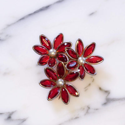 Vintage 1940s Red Flower Dress/Fur Clip Brooch with Crystal Bezel Set Petals and Faux Pearl Centers by 1940s - Vintage Meet Modern Vintage Jewelry - Chicago, Illinois - #oldhollywoodglamour #vintagemeetmodern #designervintage #jewelrybox #antiquejewelry #vintagejewelry