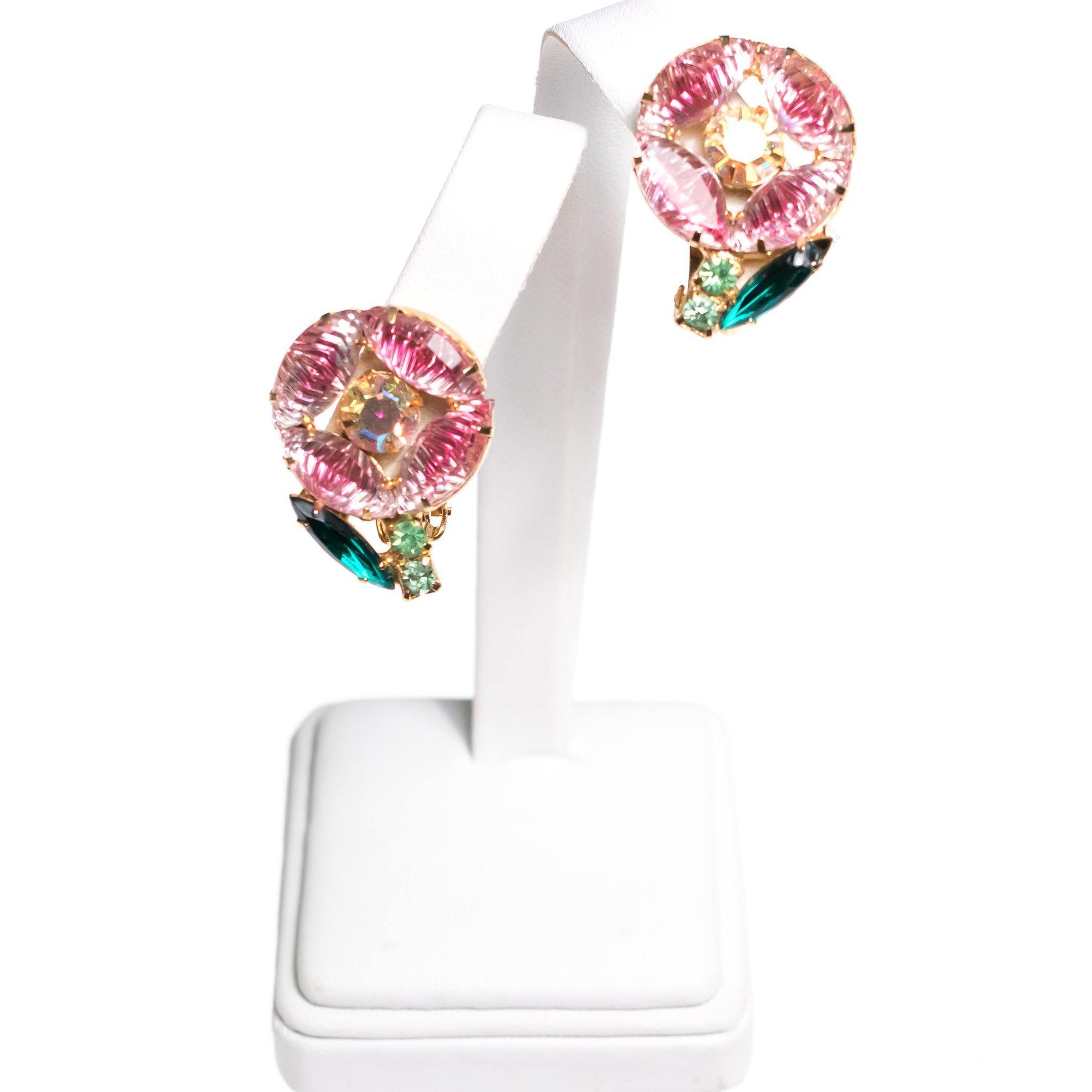 Vintage Juliana Pink Rhinestone Flower Earrings by Juliana - Vintage Meet Modern Vintage Jewelry - Chicago, Illinois - #oldhollywoodglamour #vintagemeetmodern #designervintage #jewelrybox #antiquejewelry #vintagejewelry