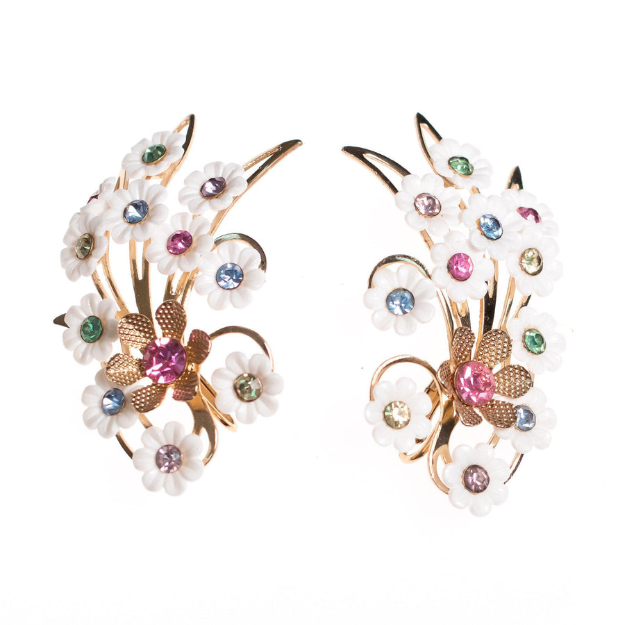 1950s Vintage Emmons White Flower Colorful  Pastel Rhinestone Statement Earrings by Emmons - Vintage Meet Modern Vintage Jewelry - Chicago, Illinois - #oldhollywoodglamour #vintagemeetmodern #designervintage #jewelrybox #antiquejewelry #vintagejewelry