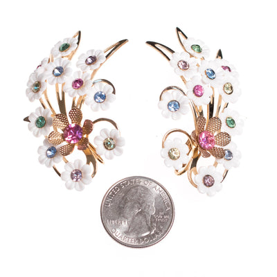 1950s Vintage Emmons White Flower Colorful  Pastel Rhinestone Statement Earrings by Emmons - Vintage Meet Modern Vintage Jewelry - Chicago, Illinois - #oldhollywoodglamour #vintagemeetmodern #designervintage #jewelrybox #antiquejewelry #vintagejewelry