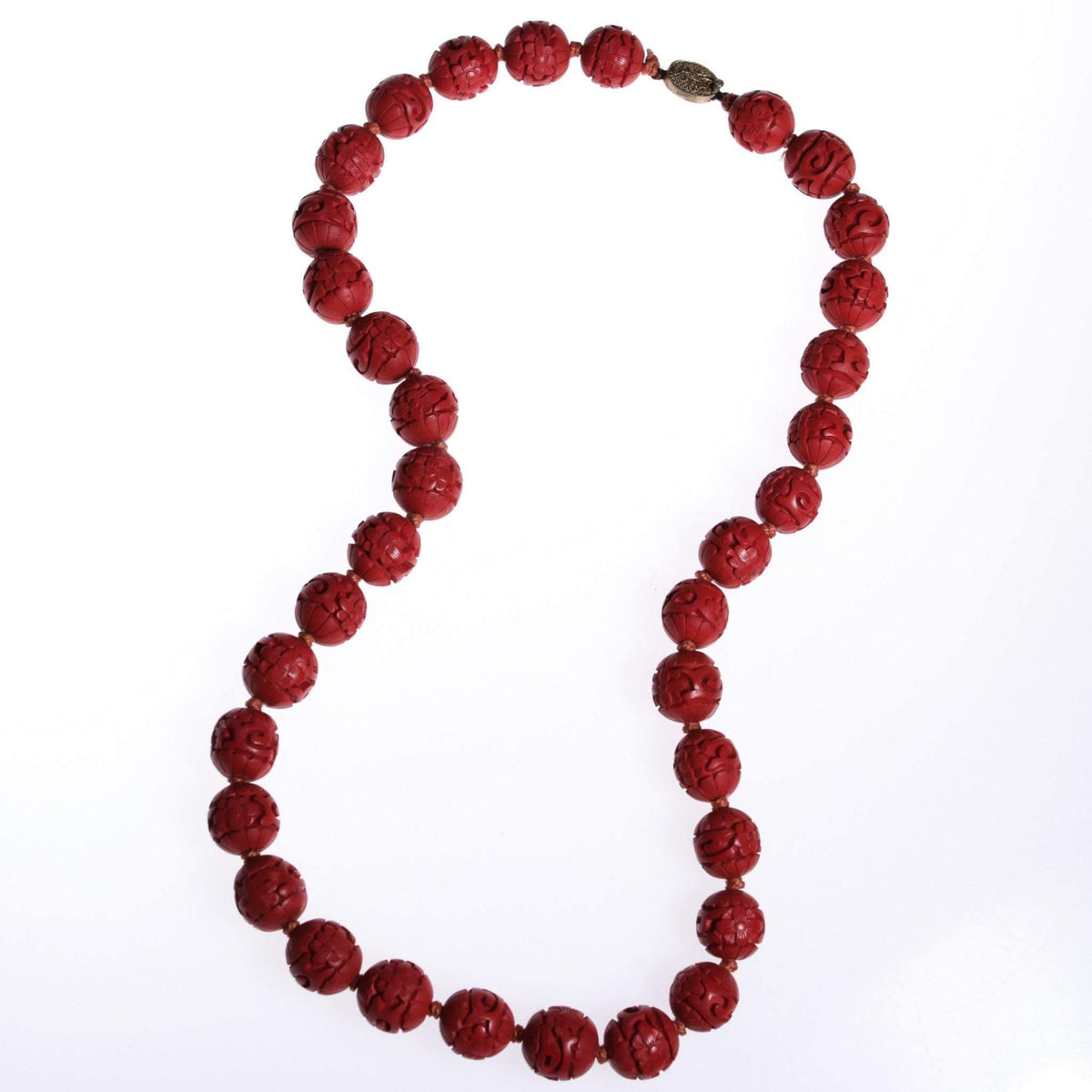 Chinese Export Carved Cinnabar Bead Necklace with Sterling Filigree Clasp