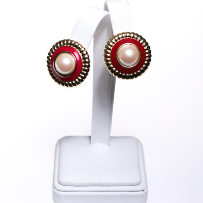 1980s Monet  Red Enamel and Faux Pearl with Gold Earrings by Monet - Vintage Meet Modern Vintage Jewelry - Chicago, Illinois - #oldhollywoodglamour #vintagemeetmodern #designervintage #jewelrybox #antiquejewelry #vintagejewelry