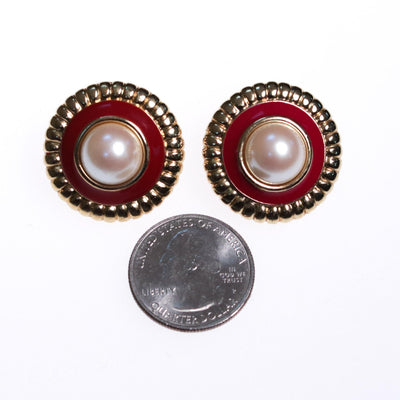 1980s Monet  Red Enamel and Faux Pearl with Gold Earrings by Monet - Vintage Meet Modern Vintage Jewelry - Chicago, Illinois - #oldhollywoodglamour #vintagemeetmodern #designervintage #jewelrybox #antiquejewelry #vintagejewelry