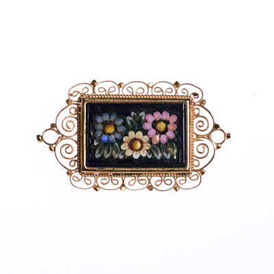 1950s Italian Mosaic Flower Brooch Gold Frame with Purple, Yellow, Blue and Green Brooch by Made In Italy - Vintage Meet Modern Vintage Jewelry - Chicago, Illinois - #oldhollywoodglamour #vintagemeetmodern #designervintage #jewelrybox #antiquejewelry #vintagejewelry