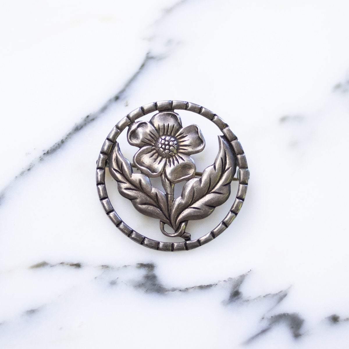 1940s Sterling Silver Flower  Medallion Brooch by Sterling Silver - Vintage Meet Modern Vintage Jewelry - Chicago, Illinois - #oldhollywoodglamour #vintagemeetmodern #designervintage #jewelrybox #antiquejewelry #vintagejewelry