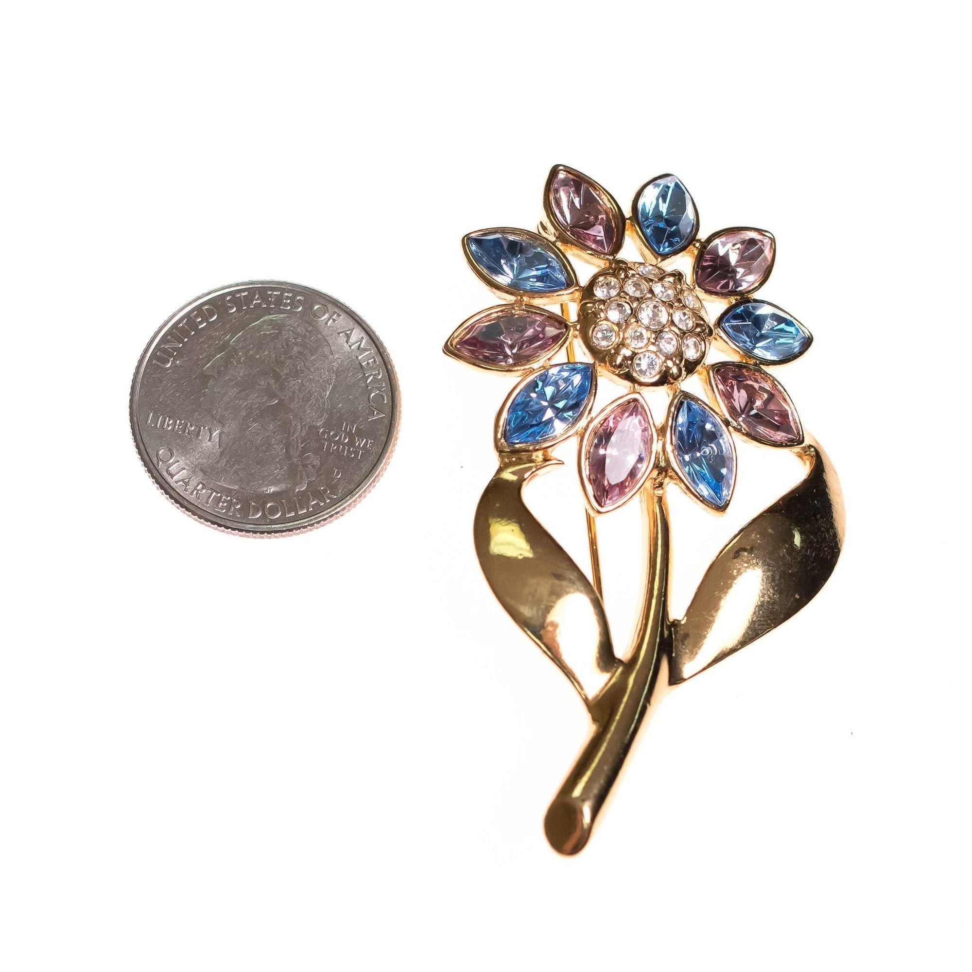 Vintage Avon Flower Brooch Gold, Blue, and Pink Rhinestone Brooch by Avon - Vintage Meet Modern Vintage Jewelry - Chicago, Illinois - #oldhollywoodglamour #vintagemeetmodern #designervintage #jewelrybox #antiquejewelry #vintagejewelry
