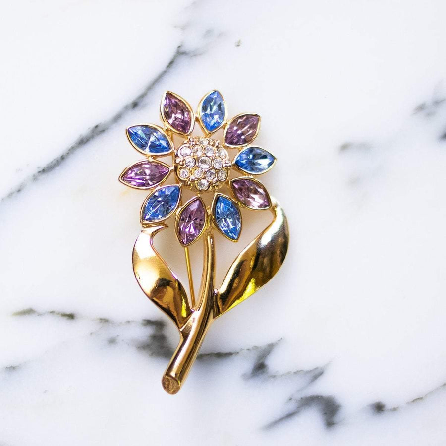 Vintage Avon Flower Brooch Gold, Blue, and Pink Rhinestone Brooch by Avon - Vintage Meet Modern Vintage Jewelry - Chicago, Illinois - #oldhollywoodglamour #vintagemeetmodern #designervintage #jewelrybox #antiquejewelry #vintagejewelry