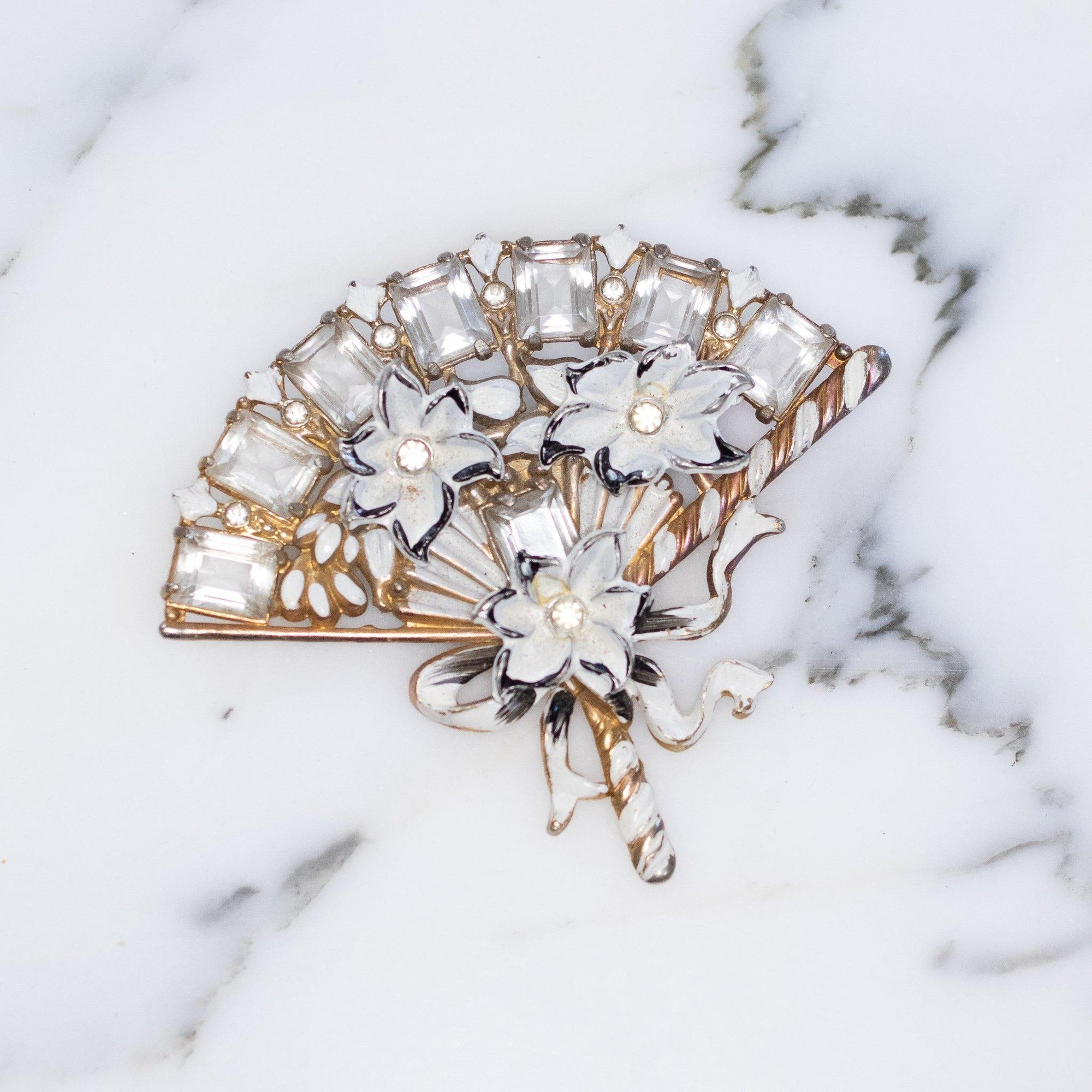 Vintage 1940s Pot Metal Fan Brooch with  White Flowers, Ribbon, Diamante Crystal Accents by 1940s - Vintage Meet Modern Vintage Jewelry - Chicago, Illinois - #oldhollywoodglamour #vintagemeetmodern #designervintage #jewelrybox #antiquejewelry #vintagejewelry