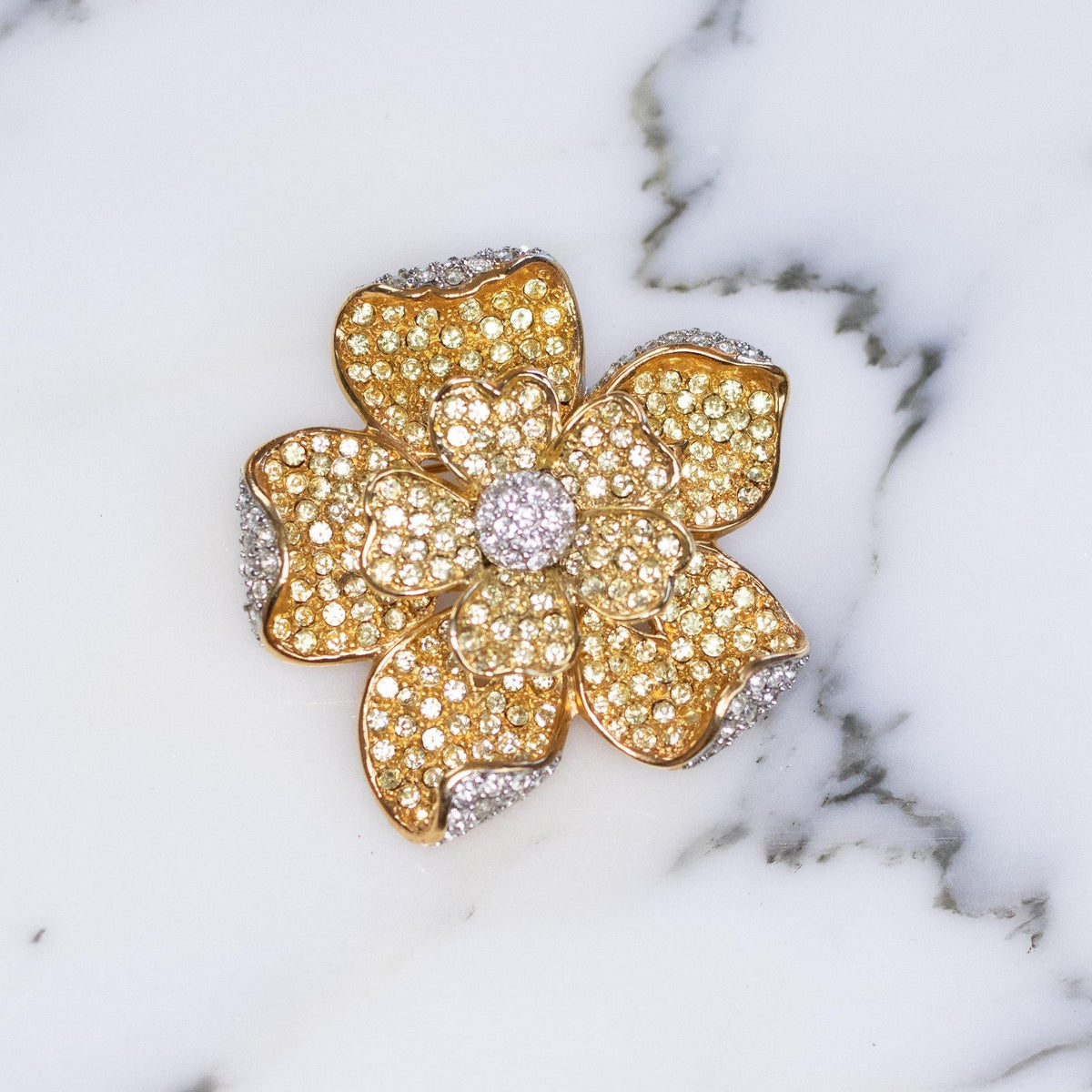 Vintage Kenneth Jay Lane Diamante Flower Brooch Golden Yellow and Diamante Swarovski Rhinestones
