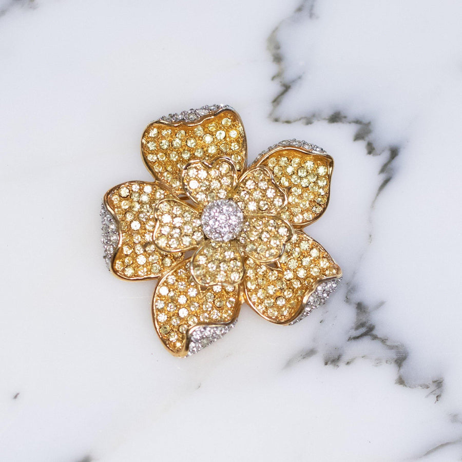Vintage Kenneth Jay Lane Diamante Flower Brooch Golden Yellow and Diamante Swarovski Rhinestones by Kenneth Jay Lane - Vintage Meet Modern Vintage Jewelry - Chicago, Illinois - #oldhollywoodglamour #vintagemeetmodern #designervintage #jewelrybox #antiquejewelry #vintagejewelry