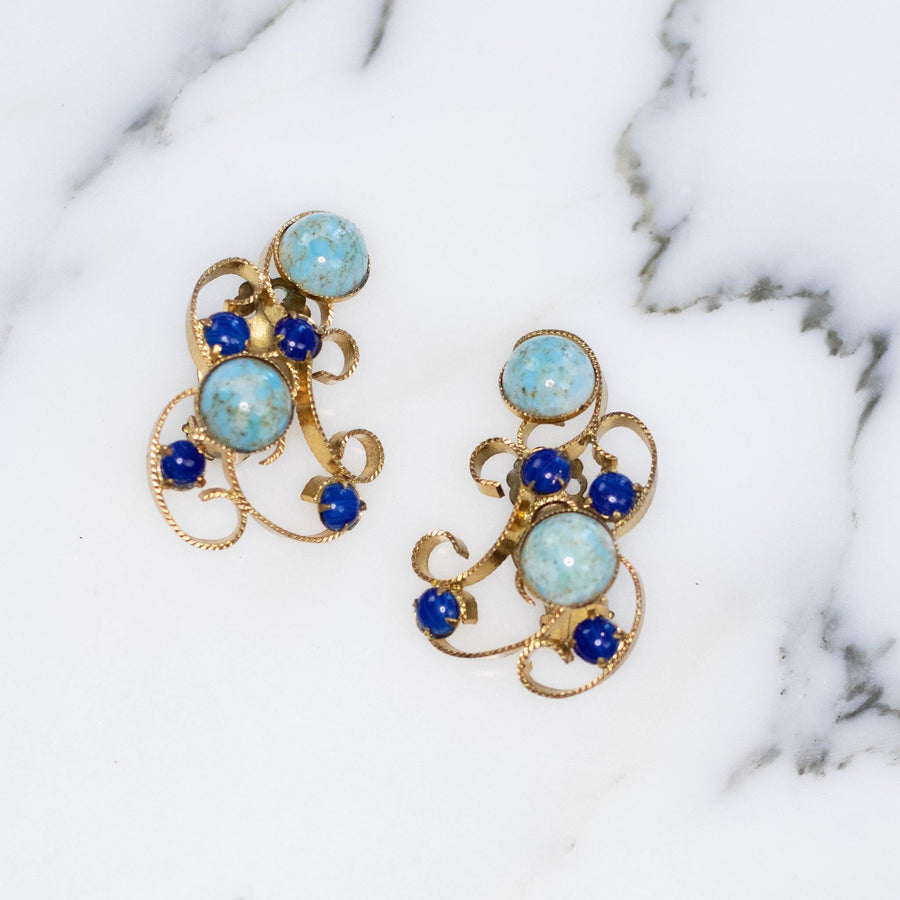 Vintage Turquoise and Lapis Art Glass Statement Earrings Gold Scroll Design by 1950s - Vintage Meet Modern Vintage Jewelry - Chicago, Illinois - #oldhollywoodglamour #vintagemeetmodern #designervintage #jewelrybox #antiquejewelry #vintagejewelry
