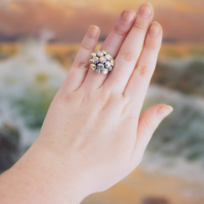 Vintage 1950s Sarah Coventry Aurora Borealis Rhinestone Cluster Statement Ring by Sarah Coventry - Vintage Meet Modern Vintage Jewelry - Chicago, Illinois - #oldhollywoodglamour #vintagemeetmodern #designervintage #jewelrybox #antiquejewelry #vintagejewelry