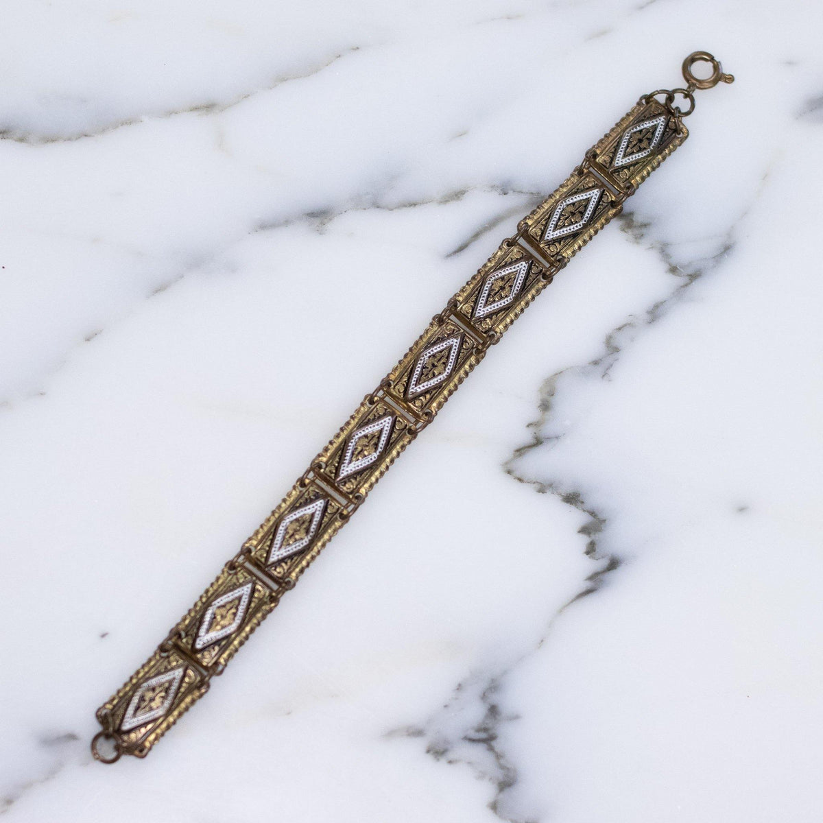 Vintage Damascene Panel Bracelet  Gold and Silver with Diamond Design